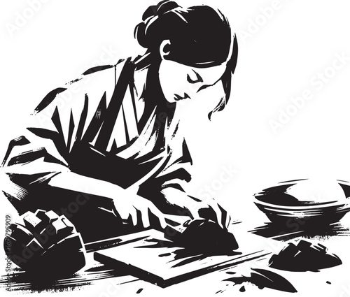 Woman slicing a mango with delicate brushstrokes, in a minimalis