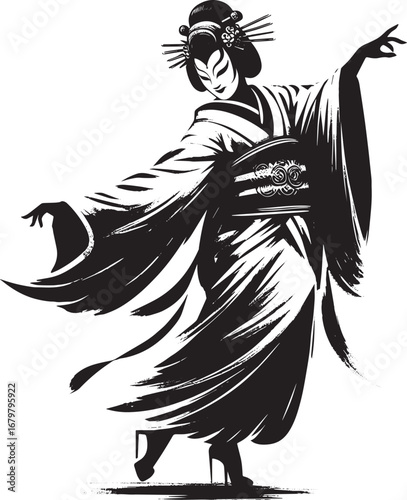 Elegant noh dancer in stylized sumi-e, capturing traditional jap