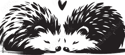Illustration of two hedgehogs in love with a heart between them, black and white