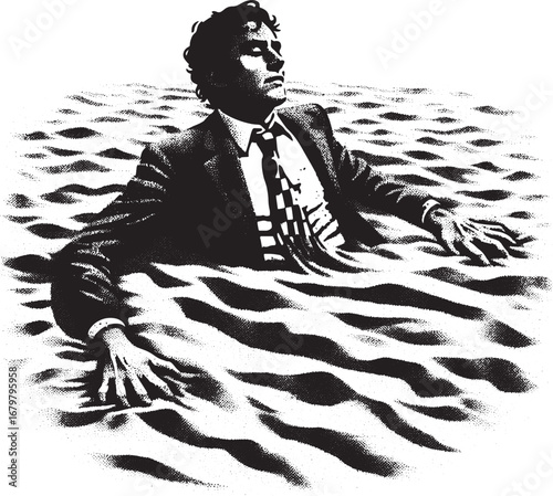 Conceptual illustration of a businessman sinking in quicksand, symbolizing financial troubles