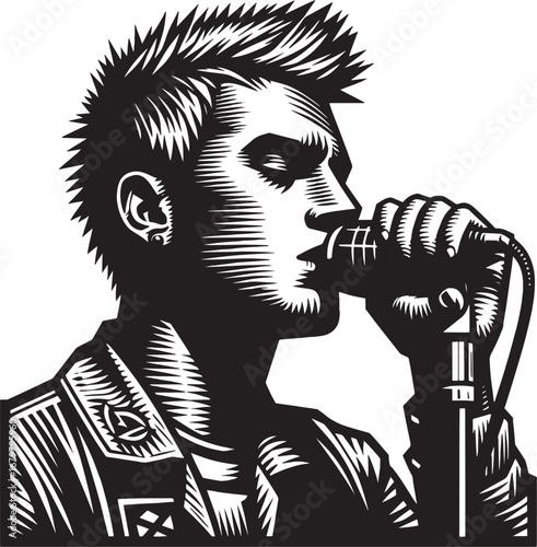 Illustration of a male singer performing with a microphone in a vintage woodcut style