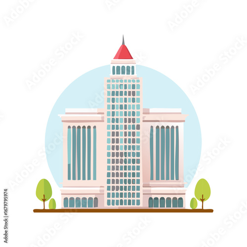 Cartoon Style Facade of High Rise Building with Red Rooftop and Archways with Two Trees