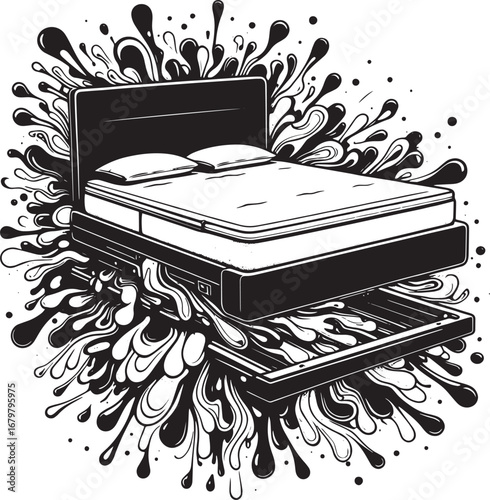 Artistic Black and White Illustration of a Bed with Splash Effects and Decorative Elements