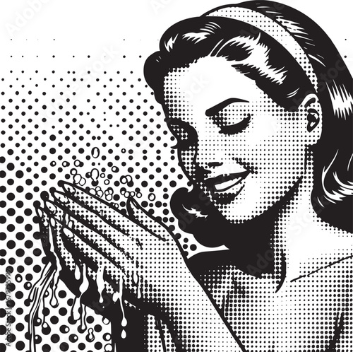 Vintage Pop Art Illustration of a Woman Washing Her Hands with Water and Soap in Black and White