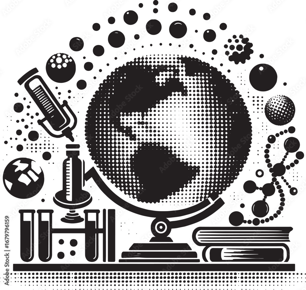 Obraz premium Illustration Depicting Science, Education, and Global Concepts with a Detailed Globe and Lab