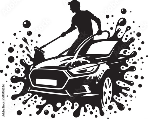 Silhouette illustration of a man washing a car with splashes and bubbles design