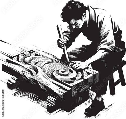 Monochrome illustration of artisan meticulously carving swirling
