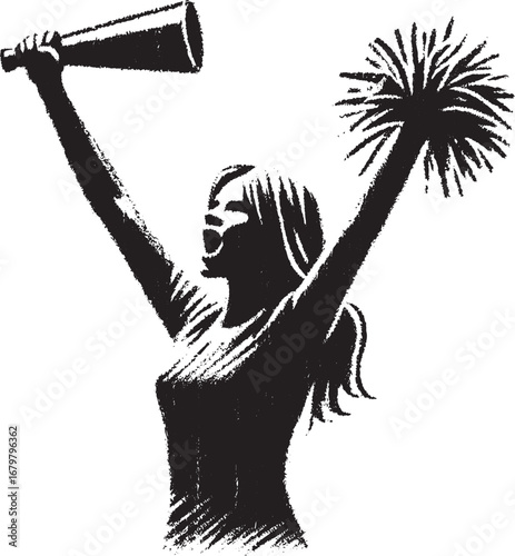 Silhouette of a Cheerleader Cheering with Megaphone and Pom-Pom in a Black and White Illustration