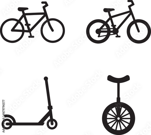 Silhouette Collection of Bicycles Scooter and Unicycle Transportation Options for Recreation and Fitness
