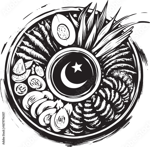Minimalist Sumi-e Illustration of a Turkish Meze Platter with Br