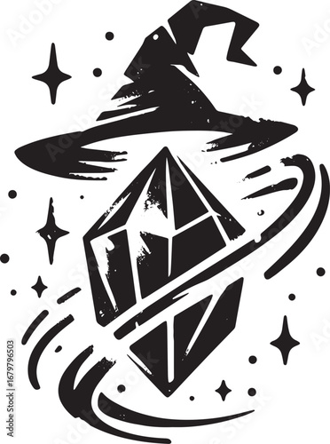 Enigmatic Wizard's Crystal Sumi-e Icon with Stylized Brushstroke