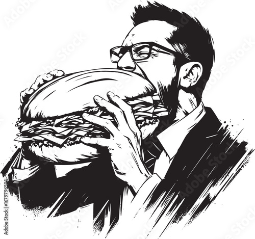 Monochrome illustration of a man consuming a giant sandwich in s