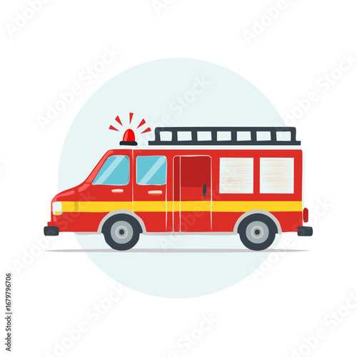 Fire Truck Illustration Red Emergency Vehicle Siren and Ladder Design Element Cartoon Firefighter Transport Safety First Responders
