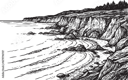 Monochrome woodcut illustration depicting dramatic coastal lands