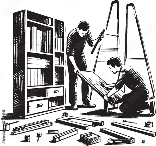 Two men assembling a bookshelf, illustrated in black and white, with tools and parts around