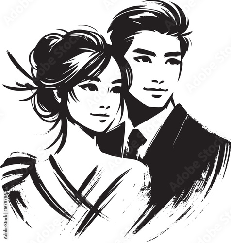 Elegant monochrome portrait of a couple rendered in sumi-e style