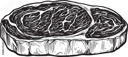 Detailed Black and White Woodcut Illustration of a Raw Steak on