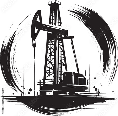 Minimalist sumi-e style oil drilling rig icon, simple black and