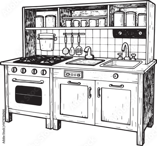 Charming Vintage Toy Kitchen Set in Detailed Woodcut Style Black