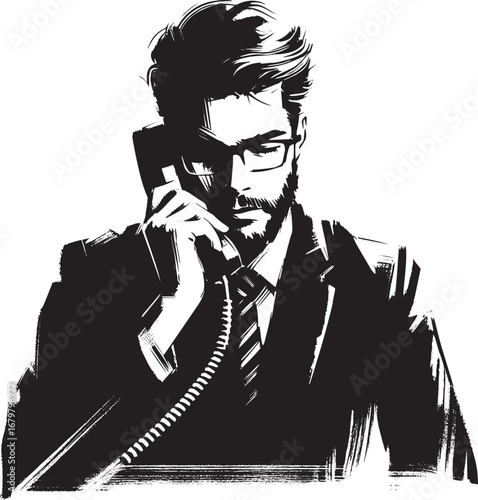 Monochrome illustration of a serious businessman during a phone
