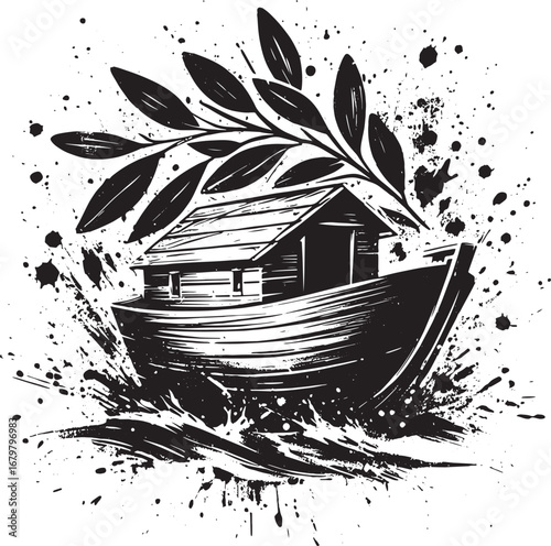 Artistic Illustration of Noah's Ark with Olive Branch Symbolizing Hope and Peace
