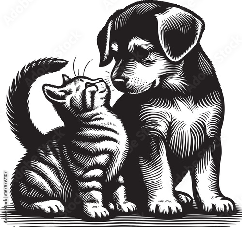 Adorable Black and White Illustration of a Puppy and Kitten Showing Affectionate Bond