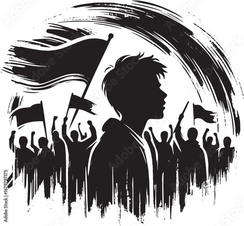 Ink wash graphic depicting youth-led movement with flags, styliz