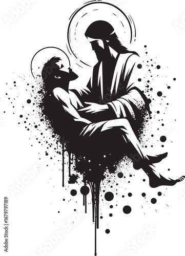 Artistic Depiction of Jesus Christ Caring for Another Person in a Silhouette Style