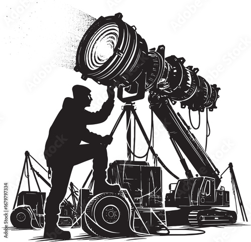 A Film Crew Member Adjusting a Large Spotlight on a Movie Set During Production
