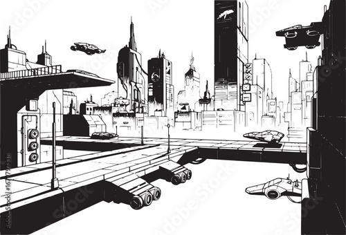 Futuristic urban landscape with flying vehicles rendered in wood