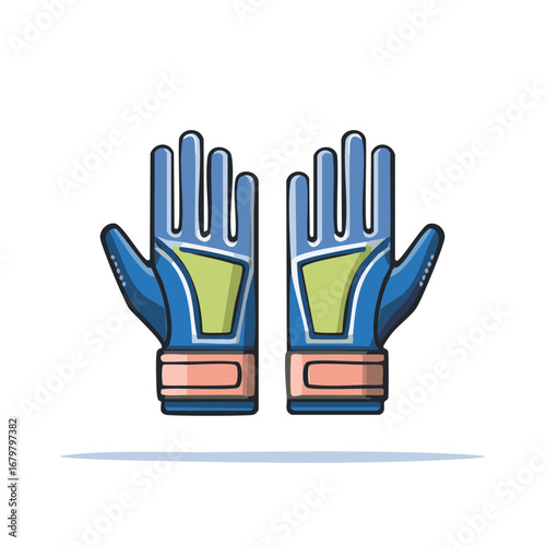 Two cartoon goalkeeper gloves laying down Illustration for sports equipment and protection, isolated on white