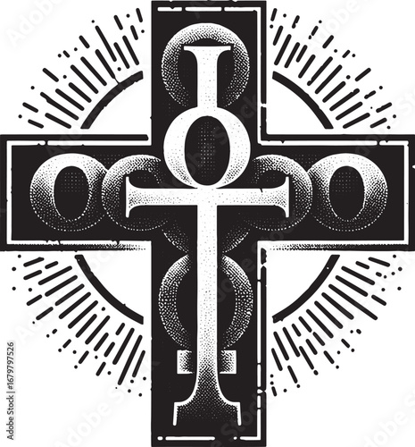 Intricate black and white illustration of a cross with religious symbolism and radiant design