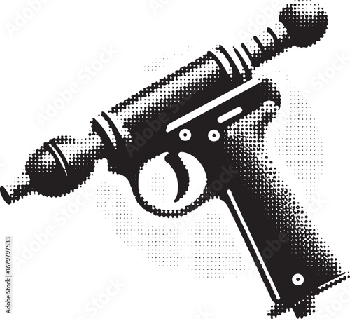 Retro Futuristic Ray Gun Illustration: Vintage Weapon Design with Detailed Halftone Pattern