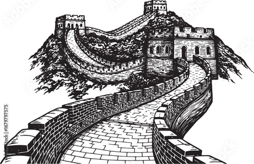 Ink Illustration of the Great Wall of China meandering across a