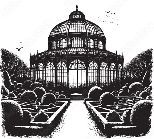 Black and White Illustration of a Botanical Garden with a Glass Dome Structure