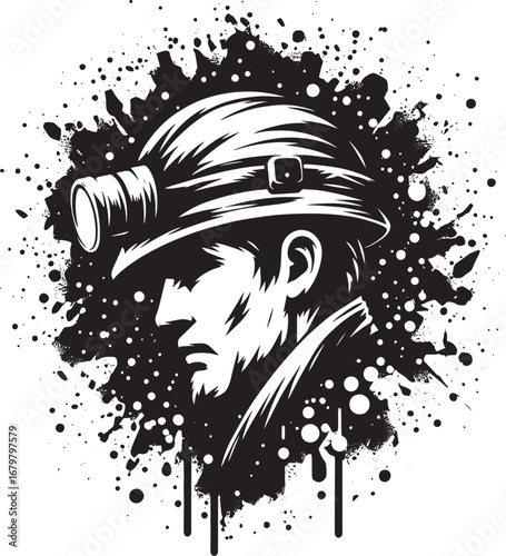 Illustration of a Miner Profile in a Helmet, with Splatter Art Background in Black and White