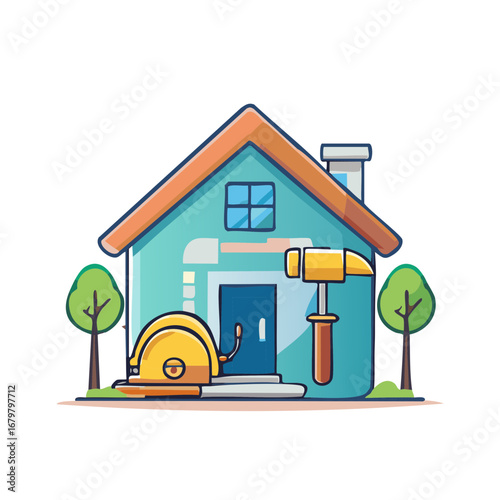 Cartoon house construction with hammer, hard hat, and tape measure