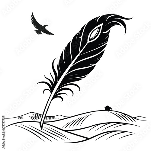Phoenix feather glowing above frozen plain silhouette