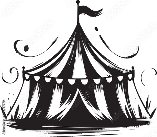 Minimalist Sumi-e Circus Tent Icon with Brush Strokes and Simple