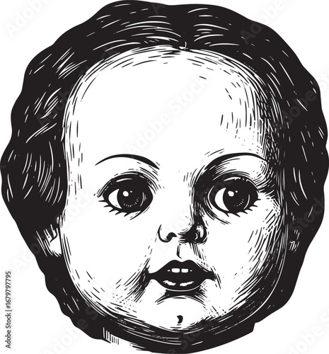 Eerie Doll Head Illustration: A Vintage-Inspired Monochromatic W
