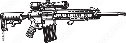 Detailed woodcut illustration of tactical rifle with scope isola