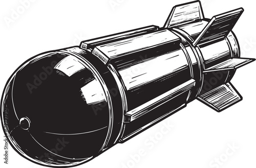Monochromatic depiction of vintage bomb with detailed woodcut te