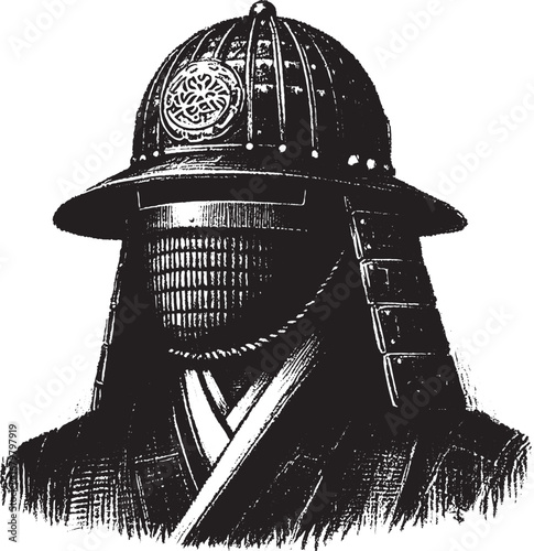 Detailed Black and White Illustration of a Samurai Warrior's Helmet and Armor Design