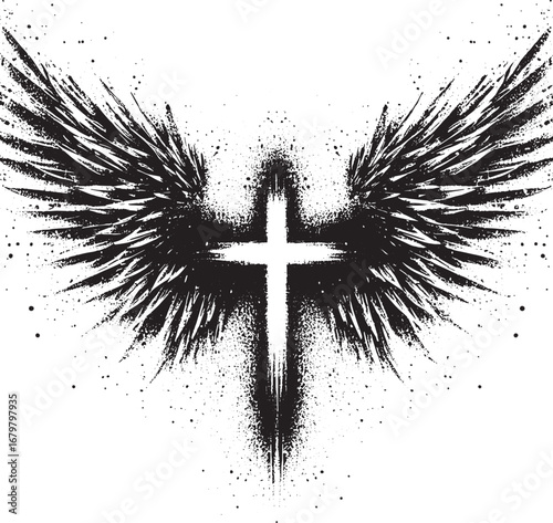 Dramatic black and white illustration of a cross with angel wings, grunge style design