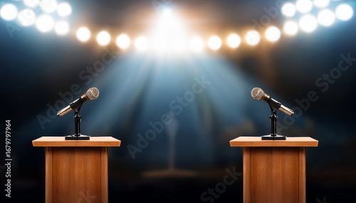 two brown podiums with microphone under spotlights for public speaking debate presidential vice election political speaker podium