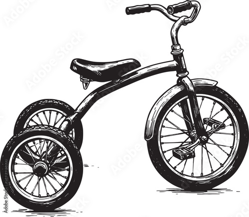 Charming Hand-Drawn Tricycle Illustration in Black and White Sty