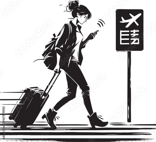 Anxious traveler checking updates at the airport in minimalist s
