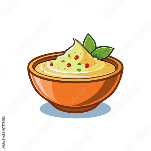 Delicious creamy dip garnished with fresh herbs and red peppercorns in an orange bowl