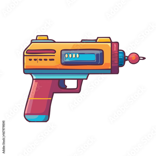 Cartoonish ray gun, retro futuristic blaster with orange, blue, red coloring, digital illustration