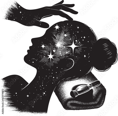 Intricate Black and White Illustration of a Mindscape Featuring Stars and a Guiding Hand